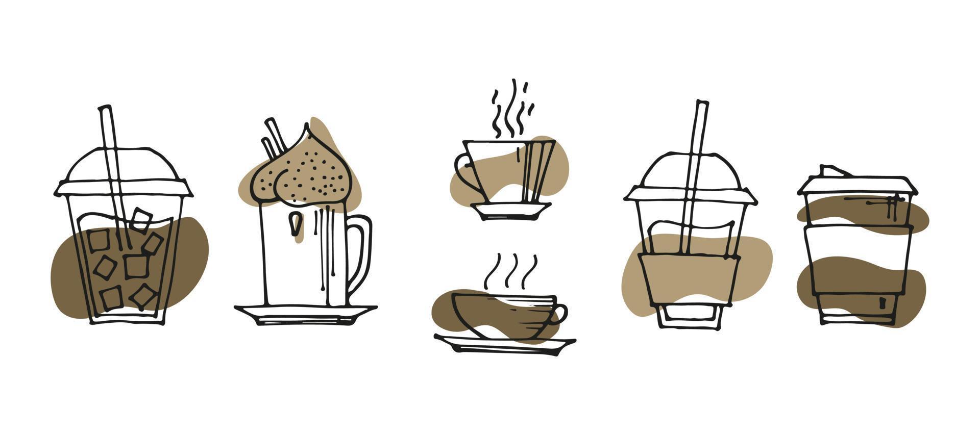 set of hand drawn coffee doodles drinks, desserts, beans and other related objects. Vector sketch illustration background