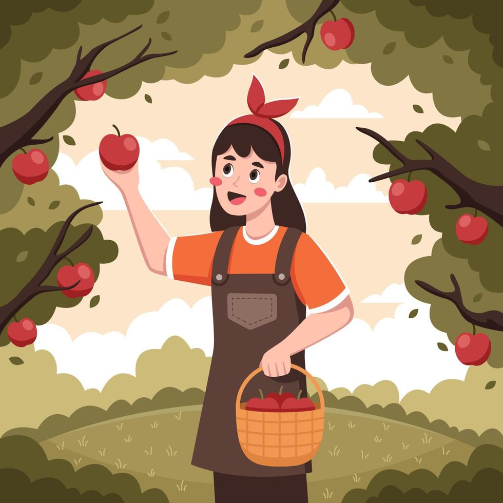 mujer recogiendo manzana vector