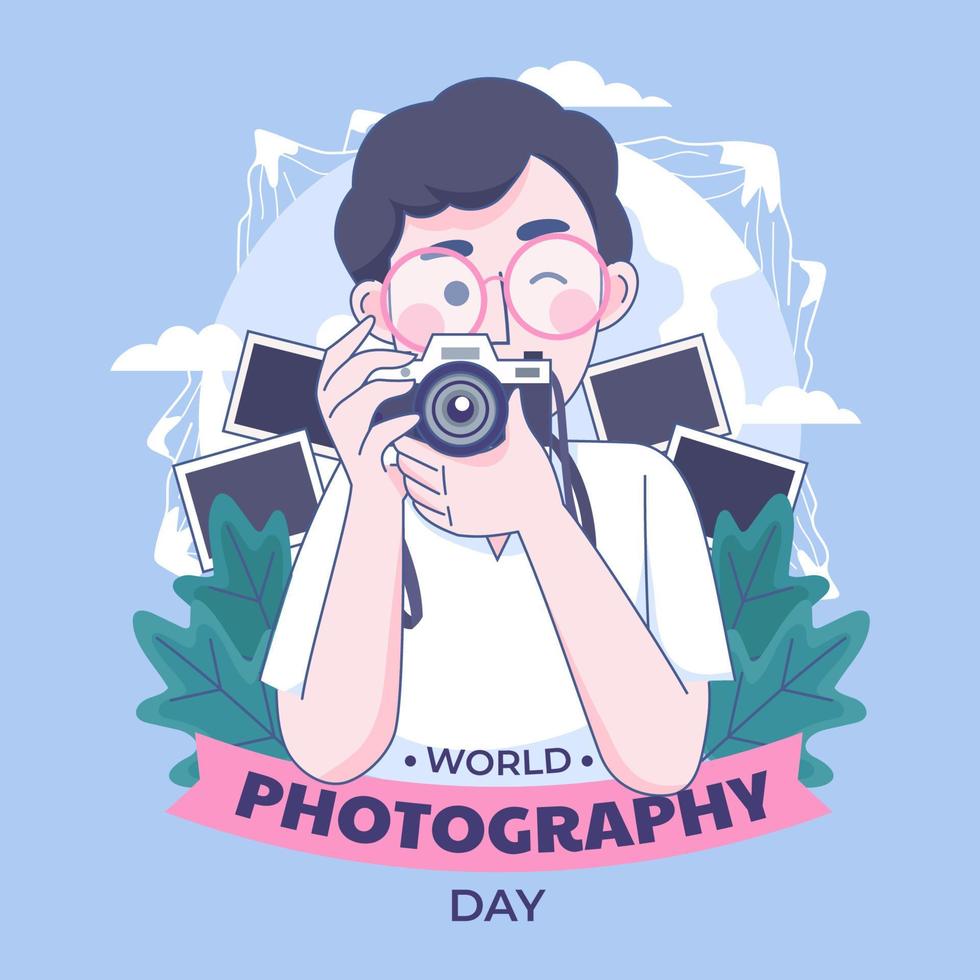 día mundial de la fotografía hombre con cámara vector