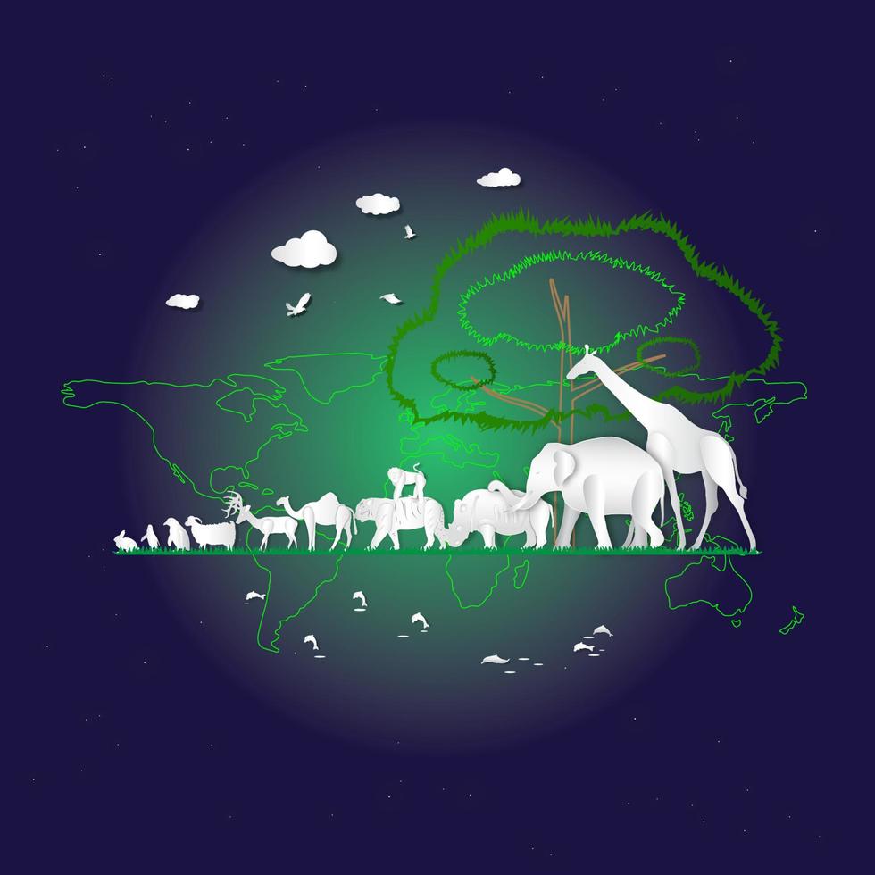World environment or wildlife day with animal in nature of paper art style ,vector or illustration with travel or forest conservation concept vector