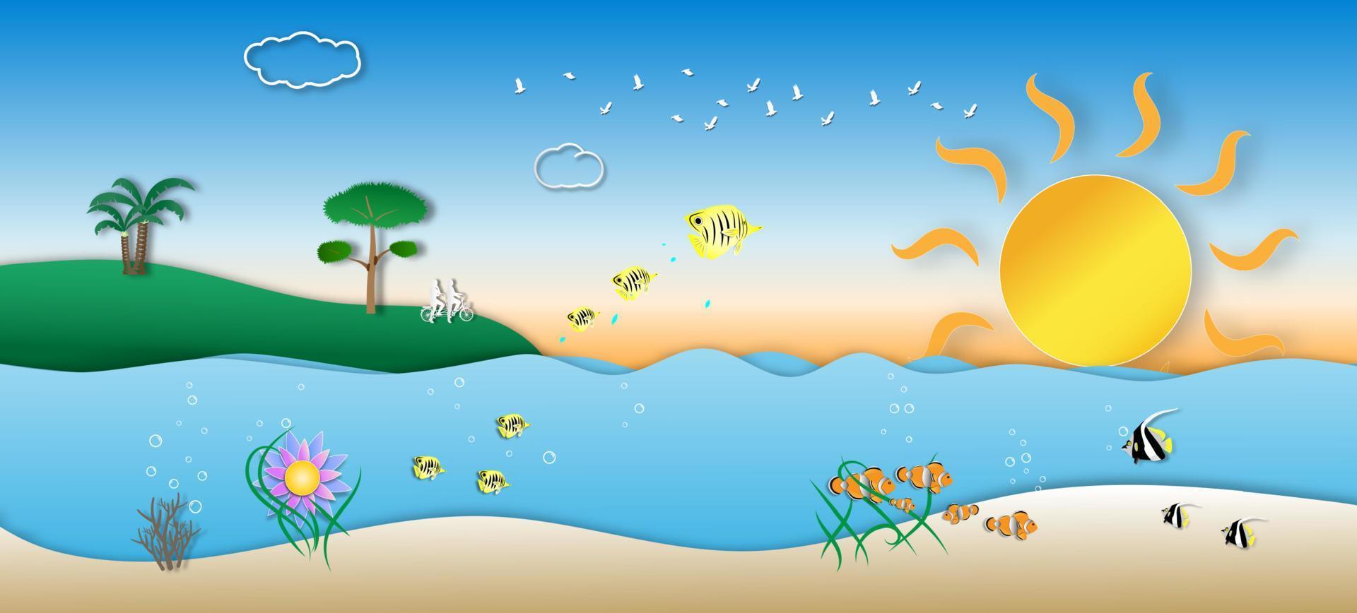 día mundial de los océanos con hermosos peces marinos de estilo de arte de papel, vector o ilustración con océanos y proteger el concepto de conservación