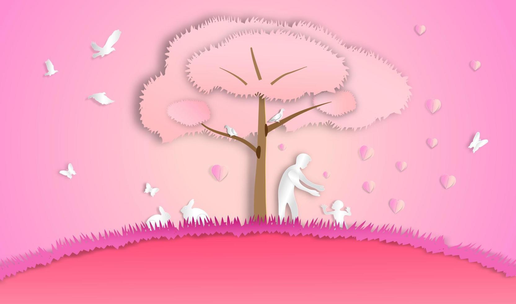 feliz día del padre con árbol rosa y en forma de corazón y niño pequeño de diseño de vacaciones de estilo de arte de papel, vector o ilustración