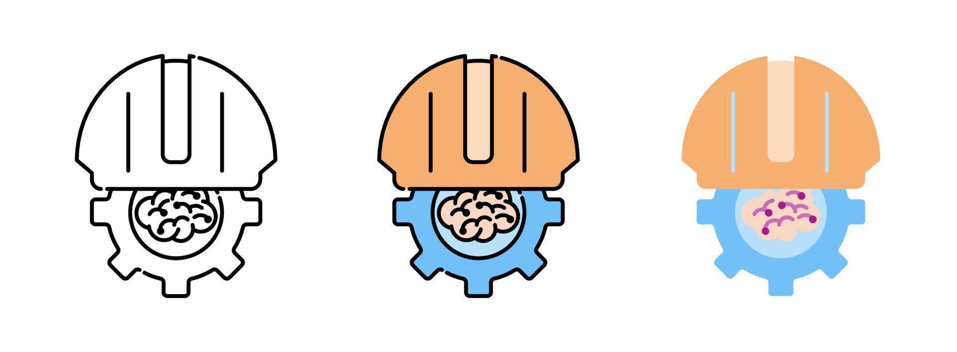 casco y cerebro con conjunto de iconos de engranajes aislado sobre fondo blanco para diseño web vector