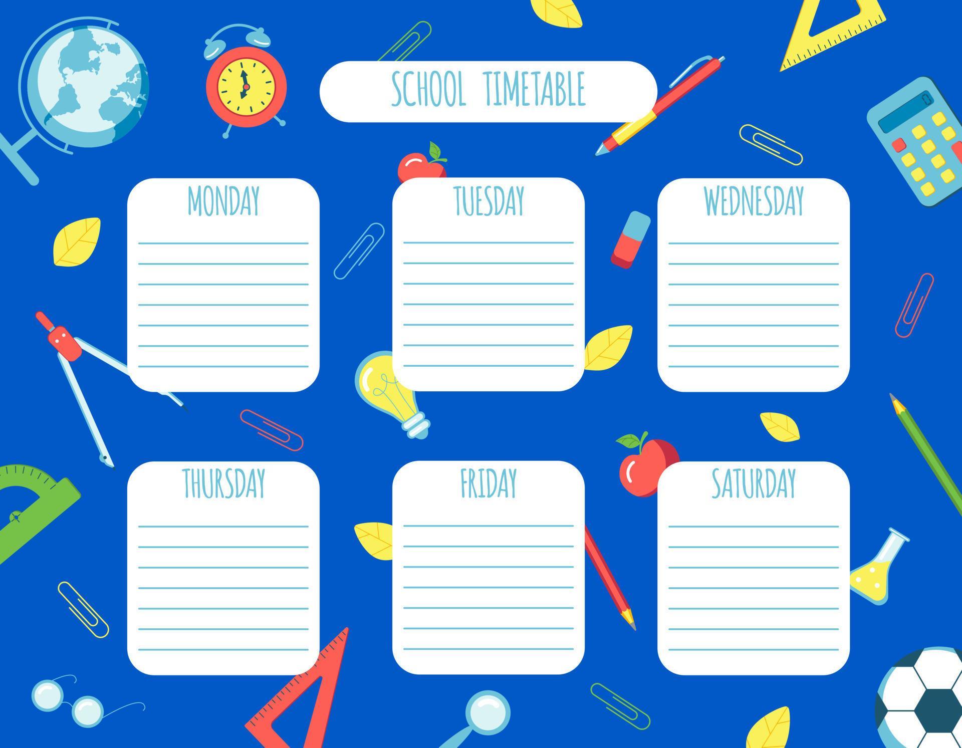 School timetable planner, school supplies on a blue background. Stock