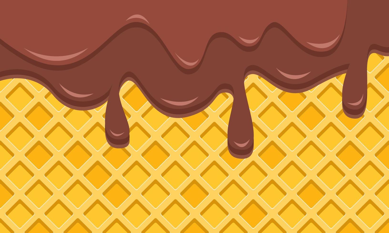 Liquid brown cream or chocolate drips over the waffle. Background with copy space. Packaging design, banner. Stock vector illustration.