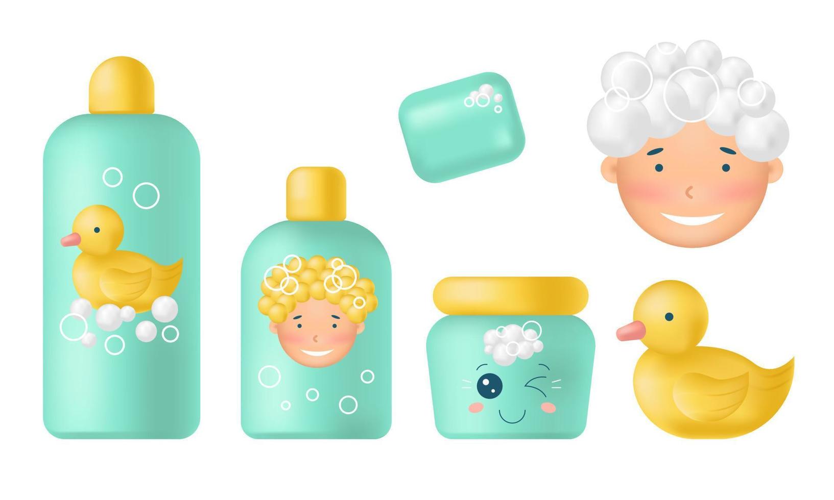 conjunto de artículos de tocador para bebés 3d aislados en fondo blanco.champú y jabón.ilustración vectorial de stock. vector