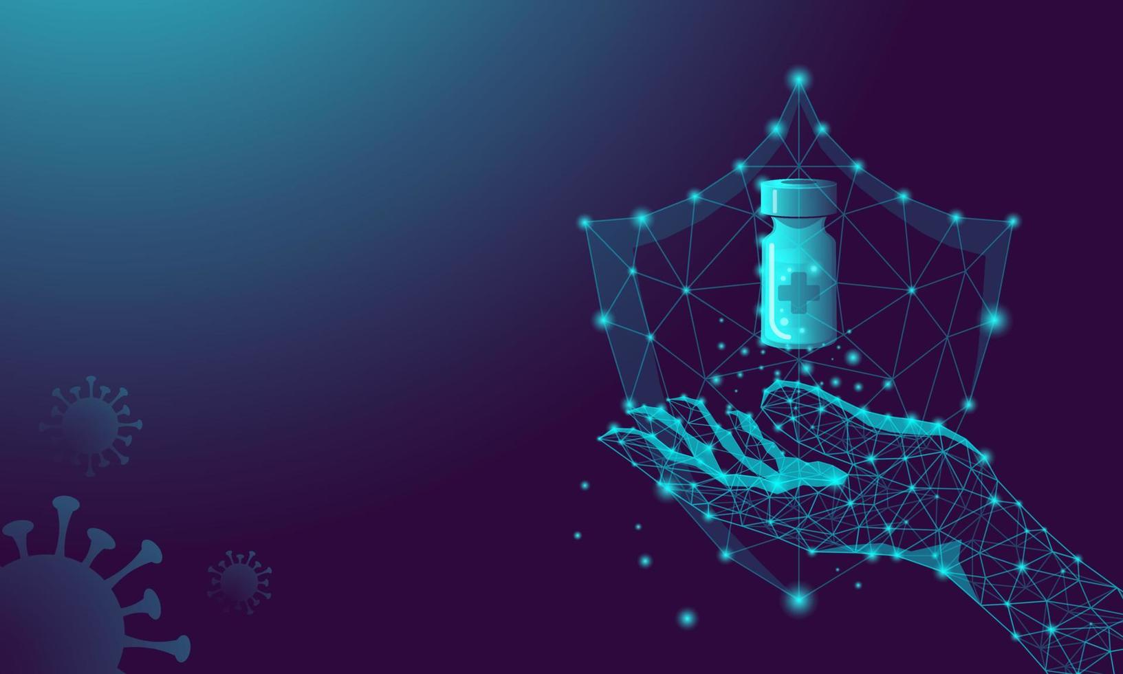 Coronavirus vaccine, shield and human hand on a dark background in low poly style. The concept of creating a medicine, saving and protecting humanity from the virus. Vector stock illustration.