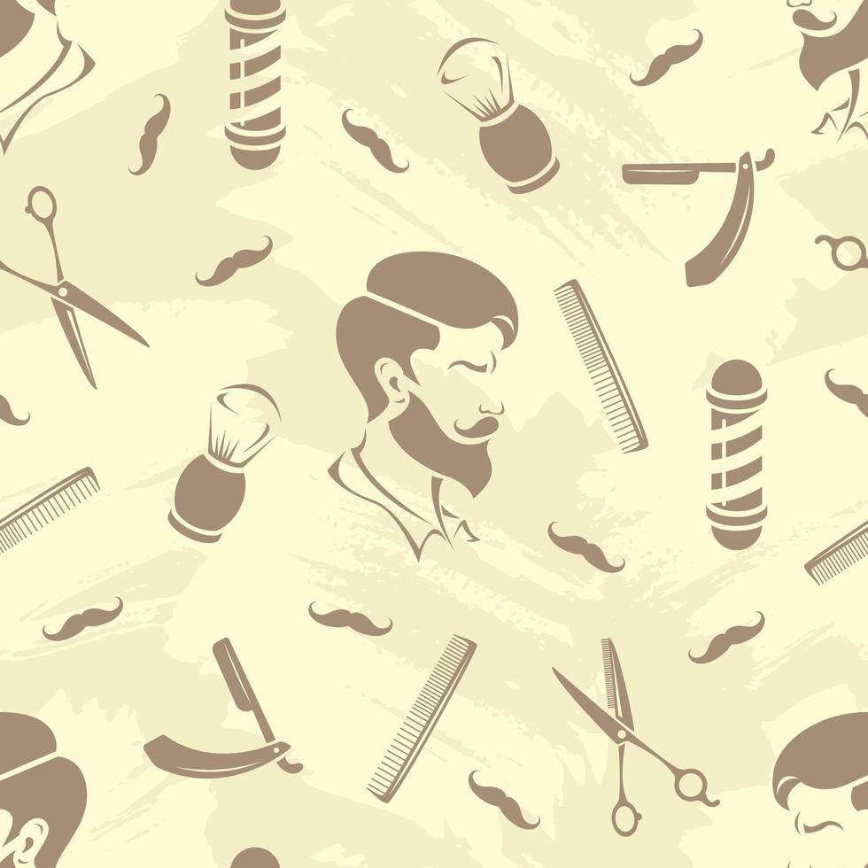 Barbershop hairdresser tools on grunge background seamless pattern. Textile design, wallpaper. Vector stock illustration.