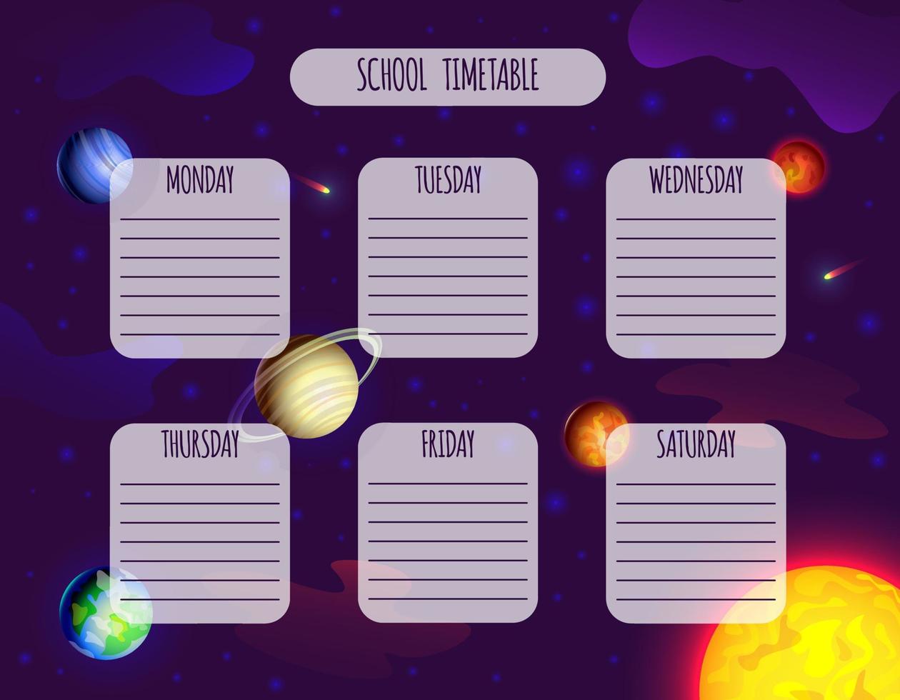 School timetable template on the background of space, planets, sun. Vector stock illustration.