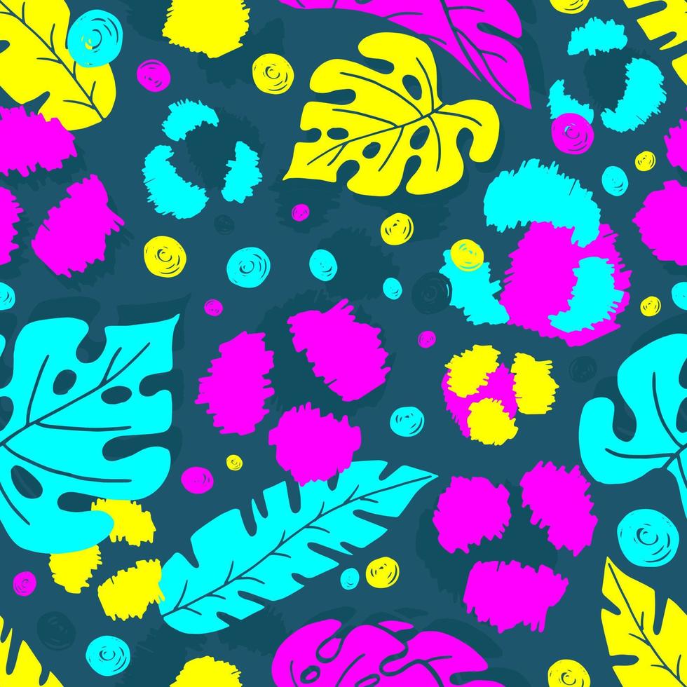 Tropical leaves and leopard spots in neon acid bright colors abstract seamless pattern hand drawing. Design of textiles, wallpapers, fabrics and packaging. Vector stock illustration.