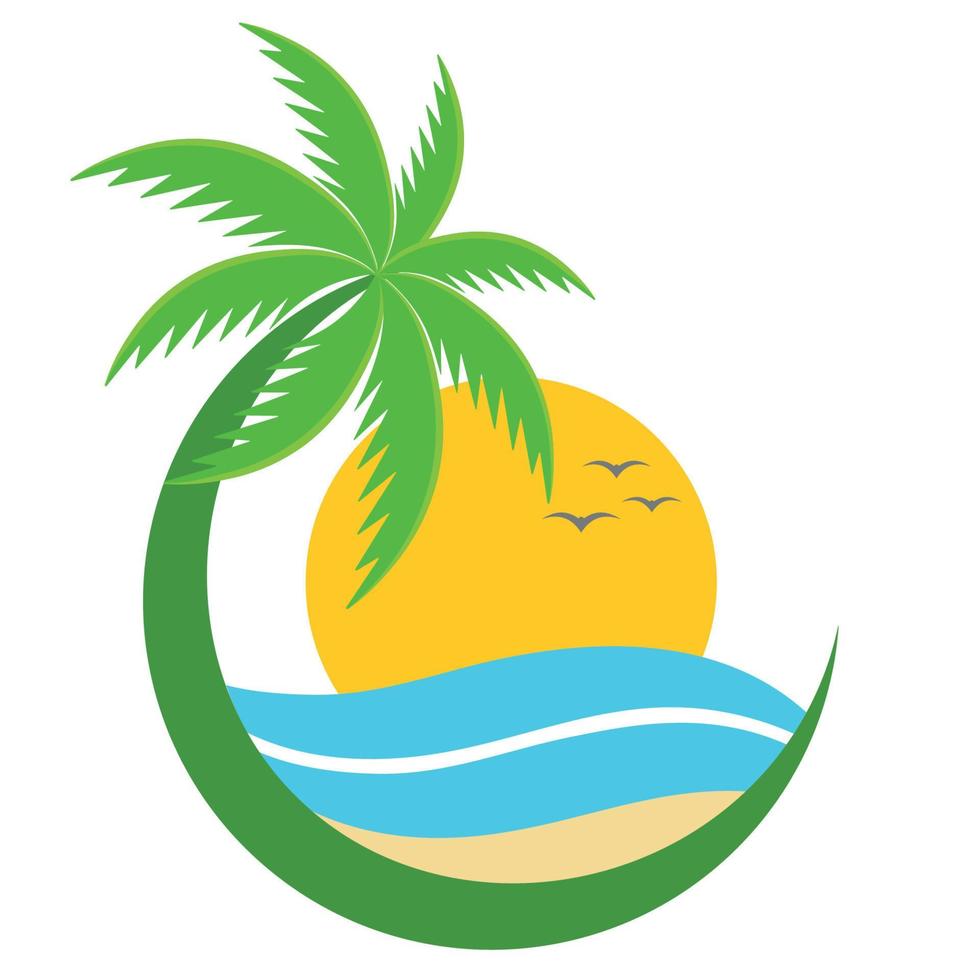Tropical island illustration with palm tree and sun vector
