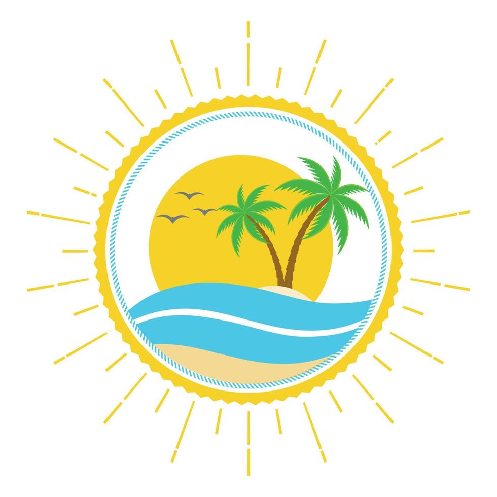Tropical island illustration with palm tree and sun vector