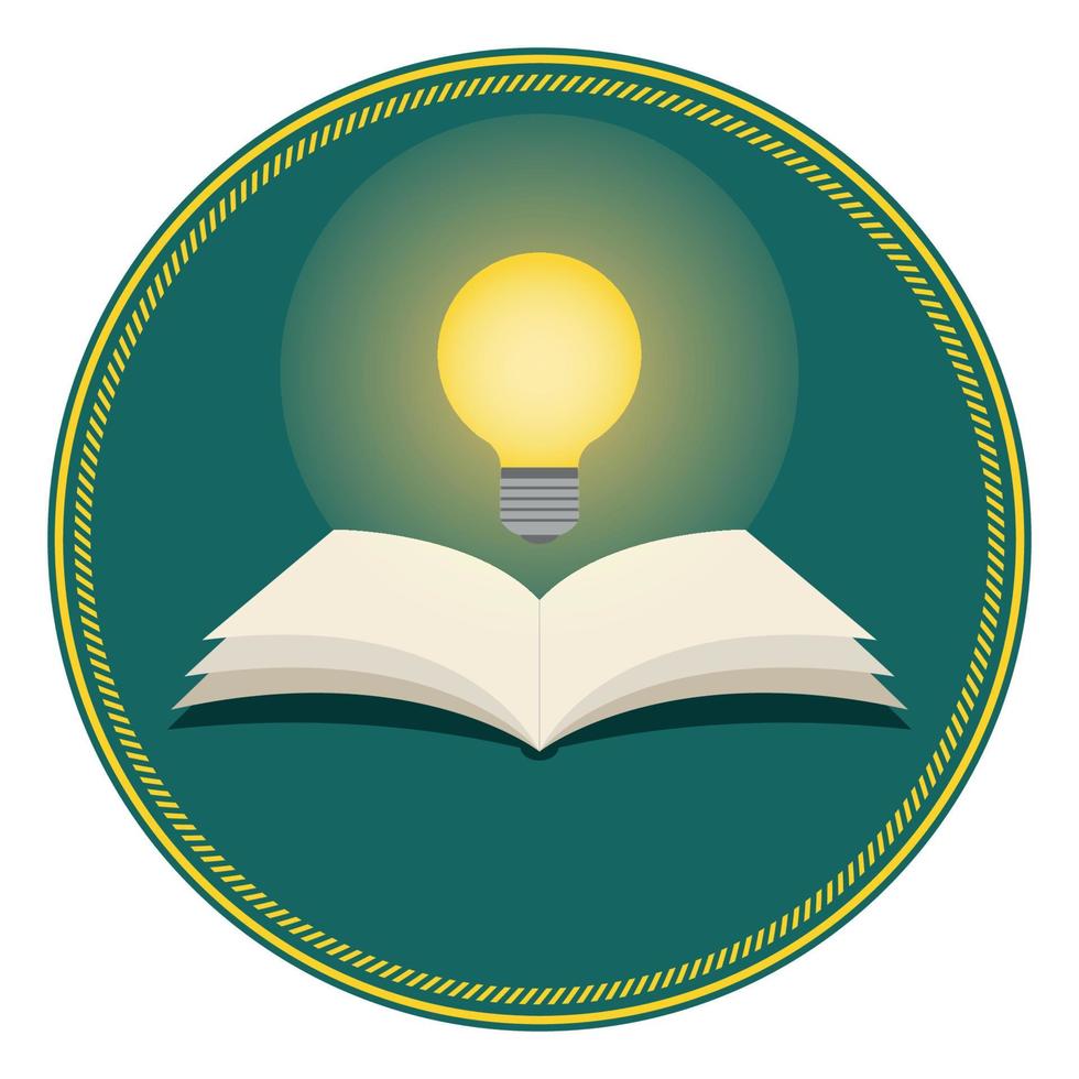 Open book with light bulb on green background. vector