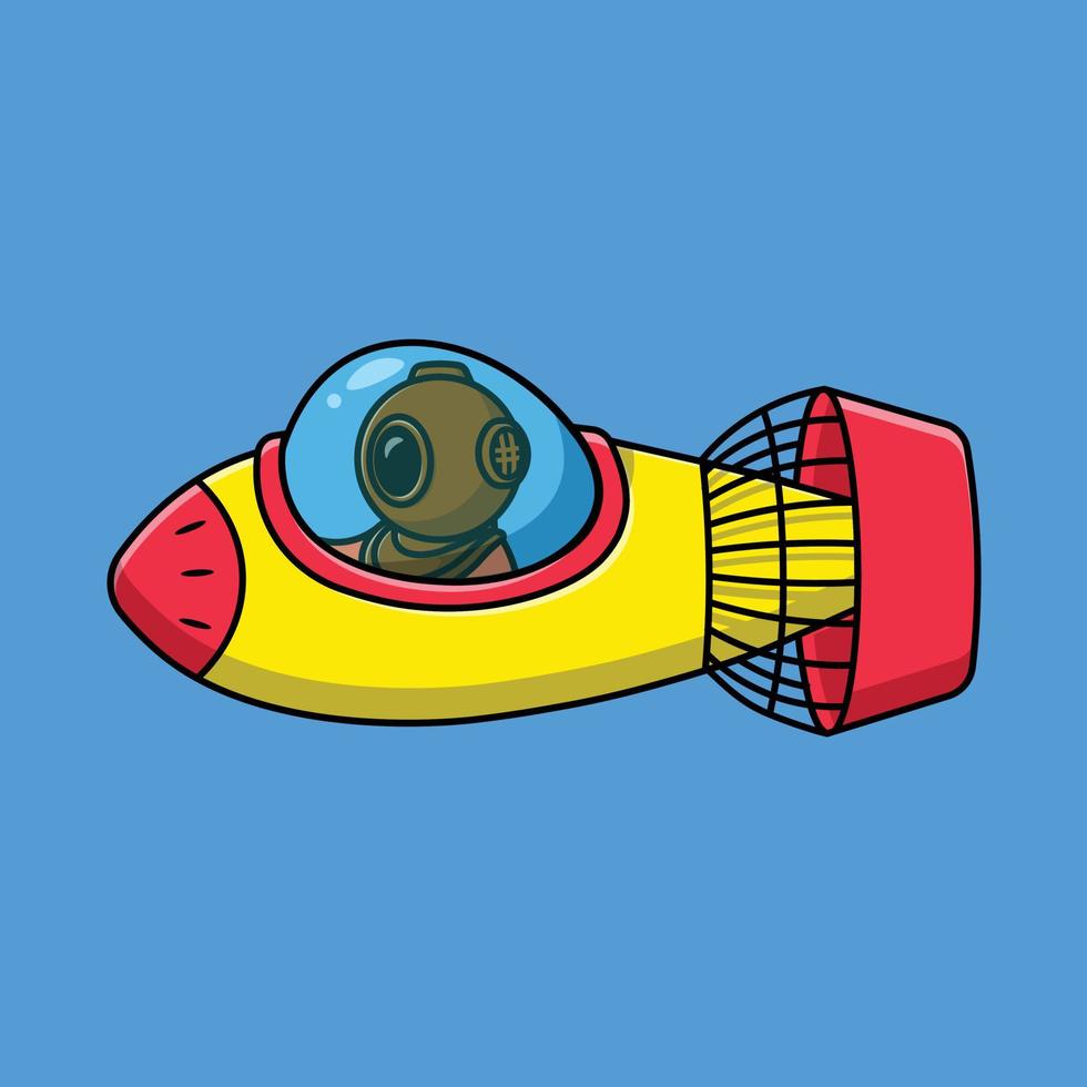 lindo buzo montando submarino en la ilustración de icono de vector de dibujos animados de océano. concepto de dibujos animados plana de transporte de ciencia