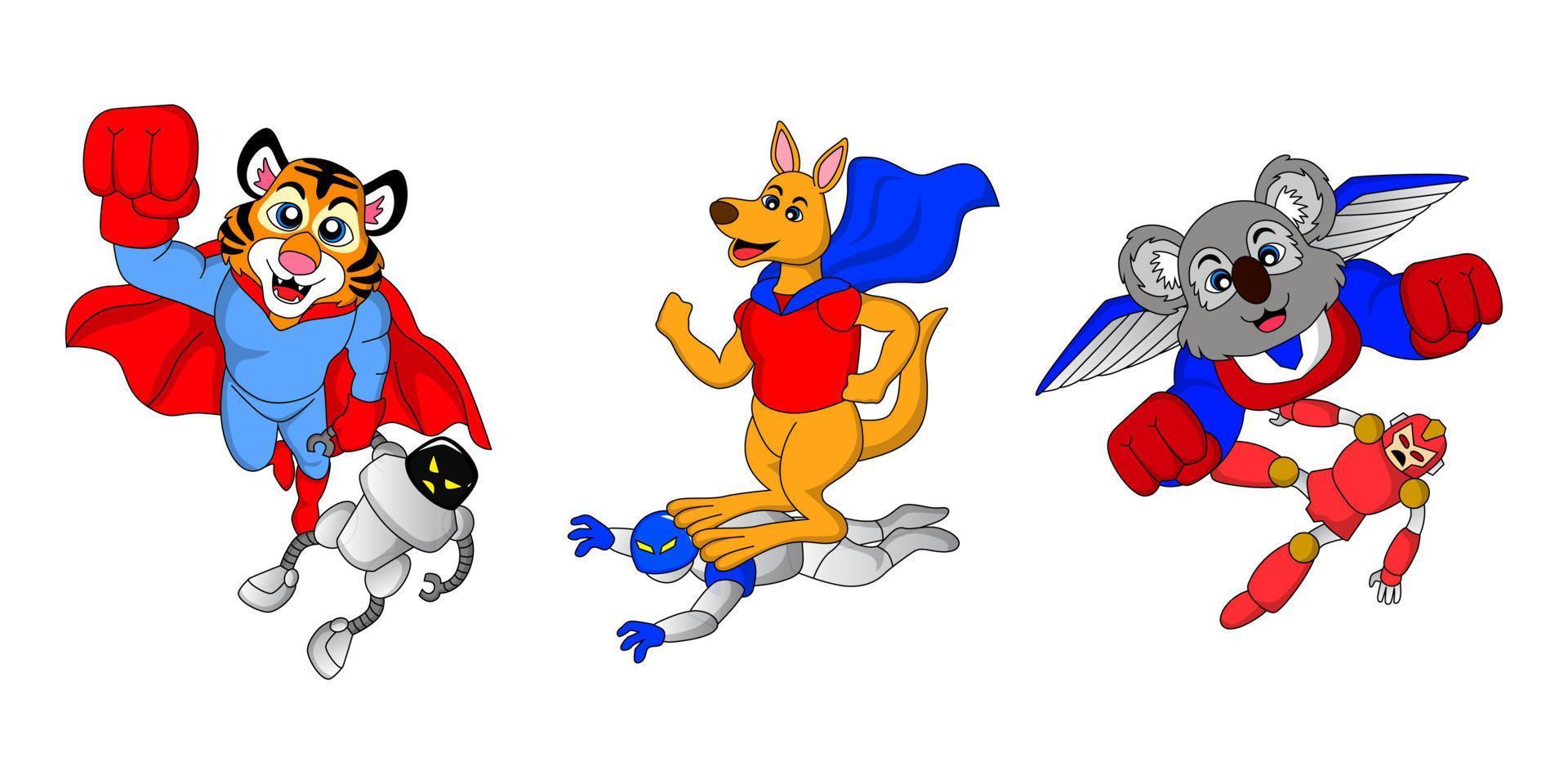 animal illustration set of superheroes, tigers, kangaroos and koalas  defeating enemies, great for comics, children's book illustrations, games,  characters, printing, t-shirts, web, mobile apps 9749961 Vector Art at  Vecteezy