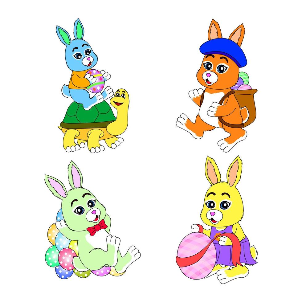 una colección de lindas ilustraciones de conejos que sostienen huevos de pascua, decoran huevos de pascua, juegan con tortugas y recolectan huevos de pascua, libros ilustrativos para niños, carteles, pegatinas, sitios web vector
