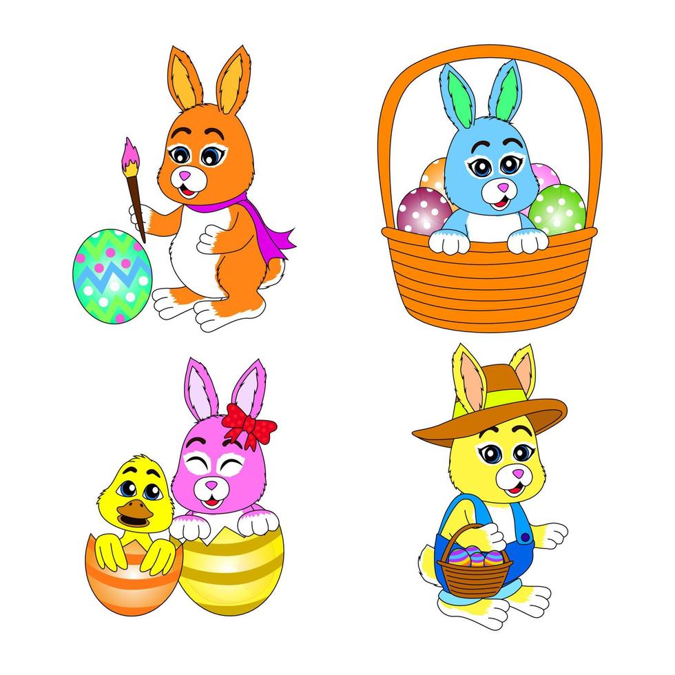 una colección de lindas ilustraciones de conejitos coloreando huevos de pascua, escondiéndose en la canasta de pascua, jugando con patos y recolectando huevos de pascua, libros ilustrativos para niños, afiches, pegatinas, sitios web vector