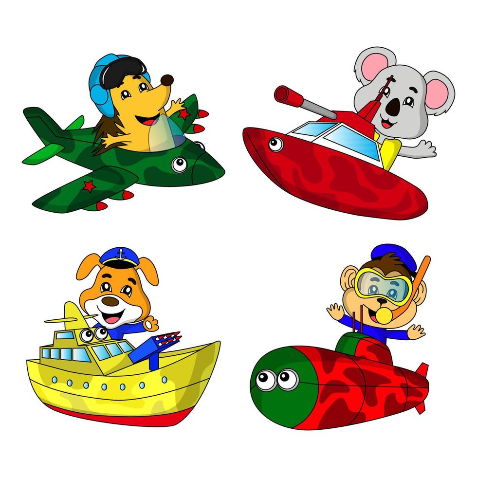 cartoon set of illustrations of military animals and vehicles, hedgehogs, koalas, dogs, and monkeys, warships, submarines, great for children's book illustrations, stickers, stationery, websites, game vector