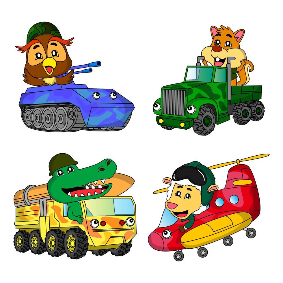 cartoon set of illustrations of military animals and vehicles, owls, squirrels, crocodiles and sheep, tanks, helicopters, great for illustration children's books, stickers, stationery, websites, games vector