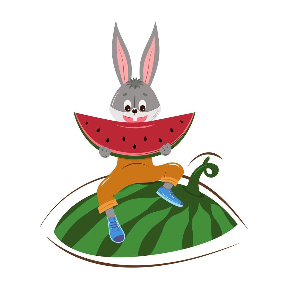 Cute bunny eating watermelon sitting on watermelon. For T-shirts, backgrounds, flyers, banners, books, textiles, wallpaper. vector