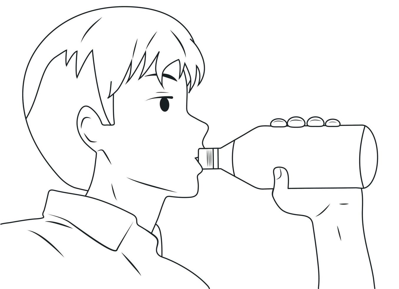 The guy drinks water from a bottle. Vector black and white line