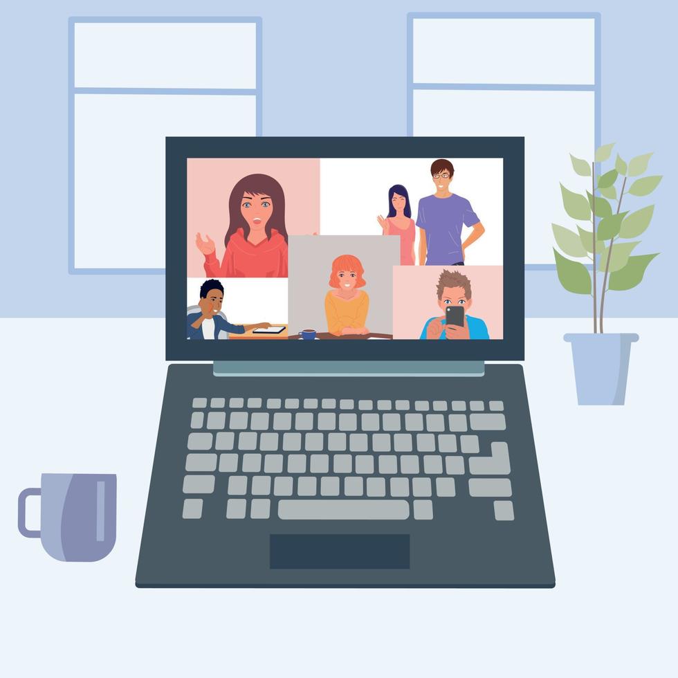 Online video conference concept.Internet communication. People communicate using phone and laptop. Vector. vector