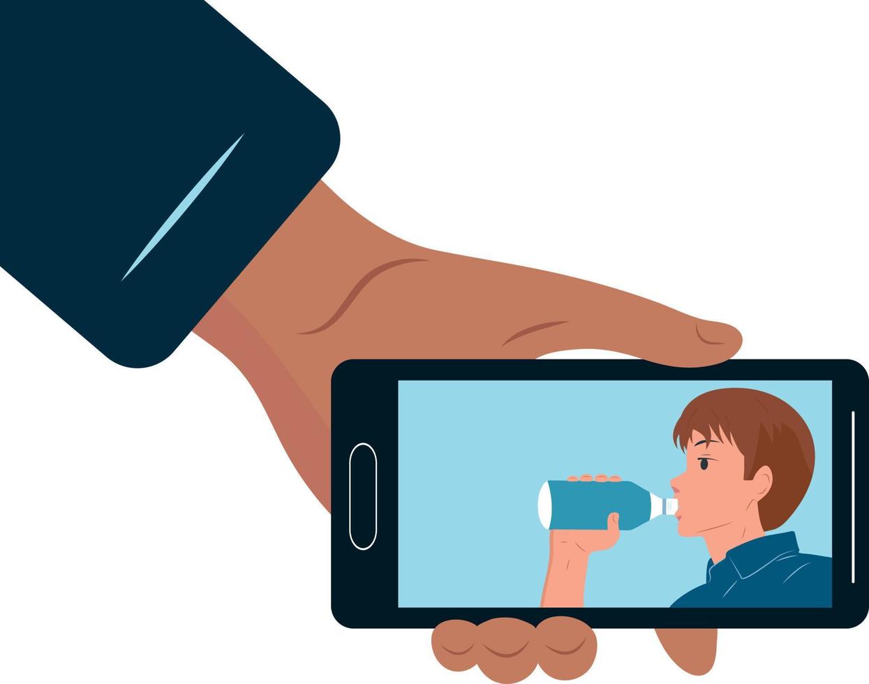 The guy drinks water. The phone is in his hand. Vector flat illustration.