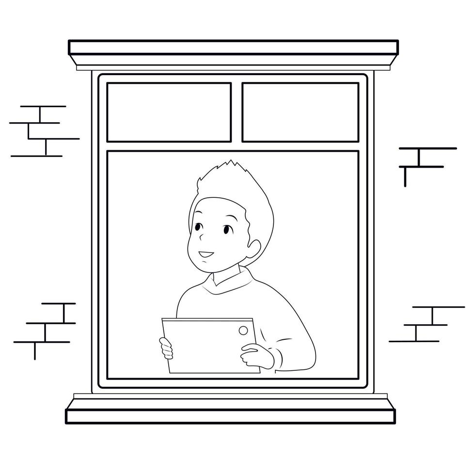 The guy looks out the window. Black and white lines. vector