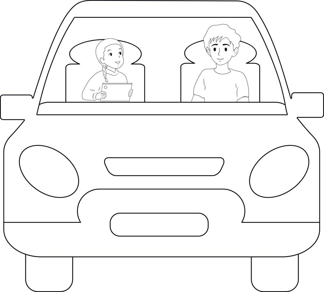 People travel by car. Black and white lines. vector