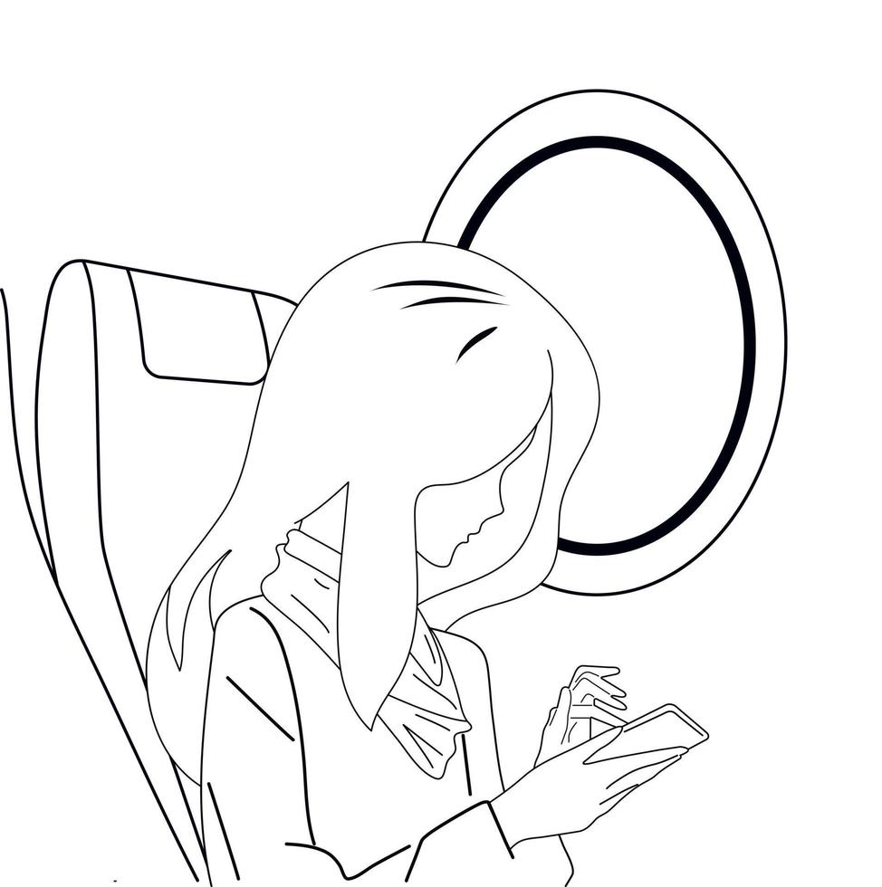 Black and white people travel by plane. Seats and porthole, joy and relaxation. Vector illustration.