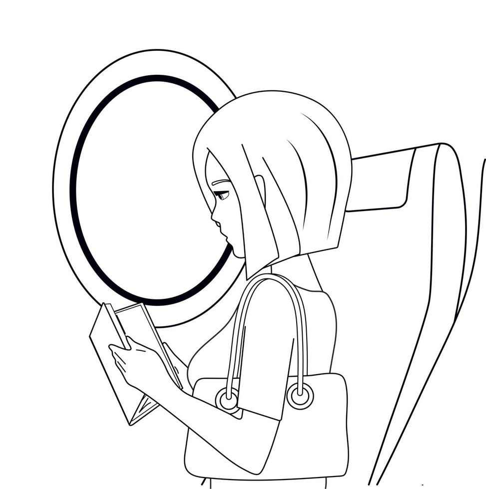 Black and white people travel by plane. Seats and porthole, joy and relaxation. Vector illustration.