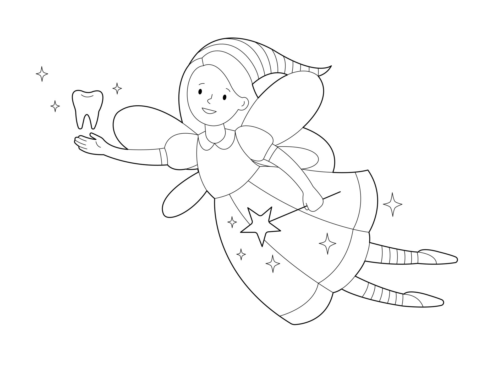 Smiling tooth fairy with magic wand and tooth. Contour linear ...
