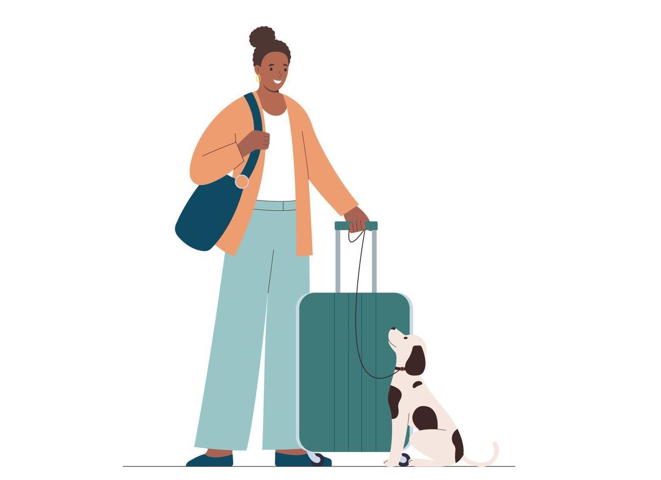 Young african american woman with suitcase, dog next to her. Concept of traveling with pets vector