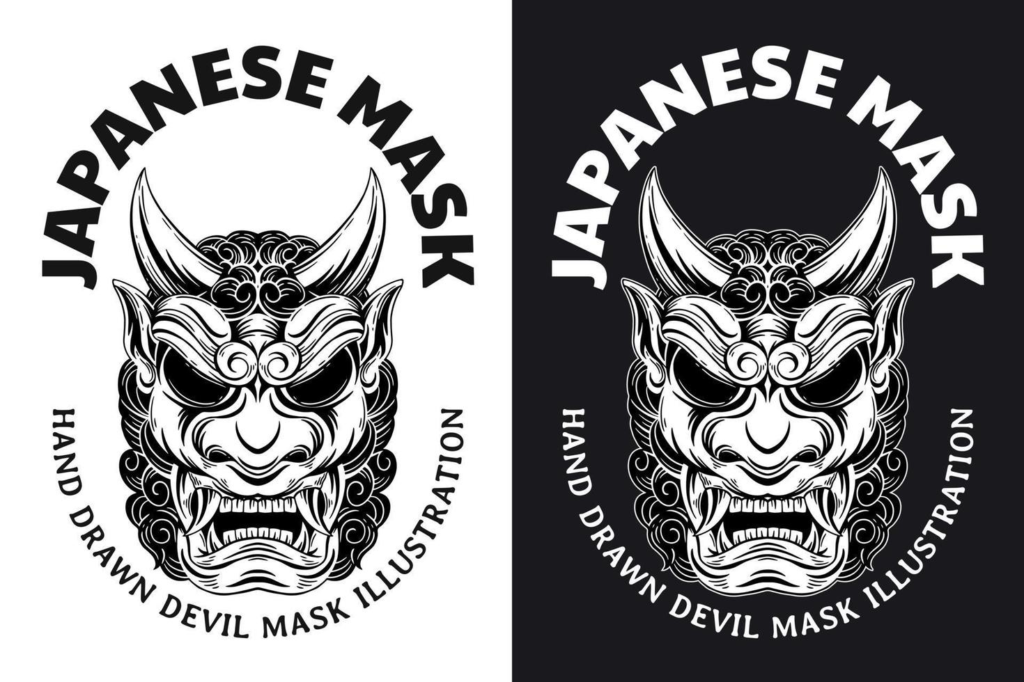 Set Skull Dark Art Japanese Mask Devil Demon Hand Drawn Engraving Style vector