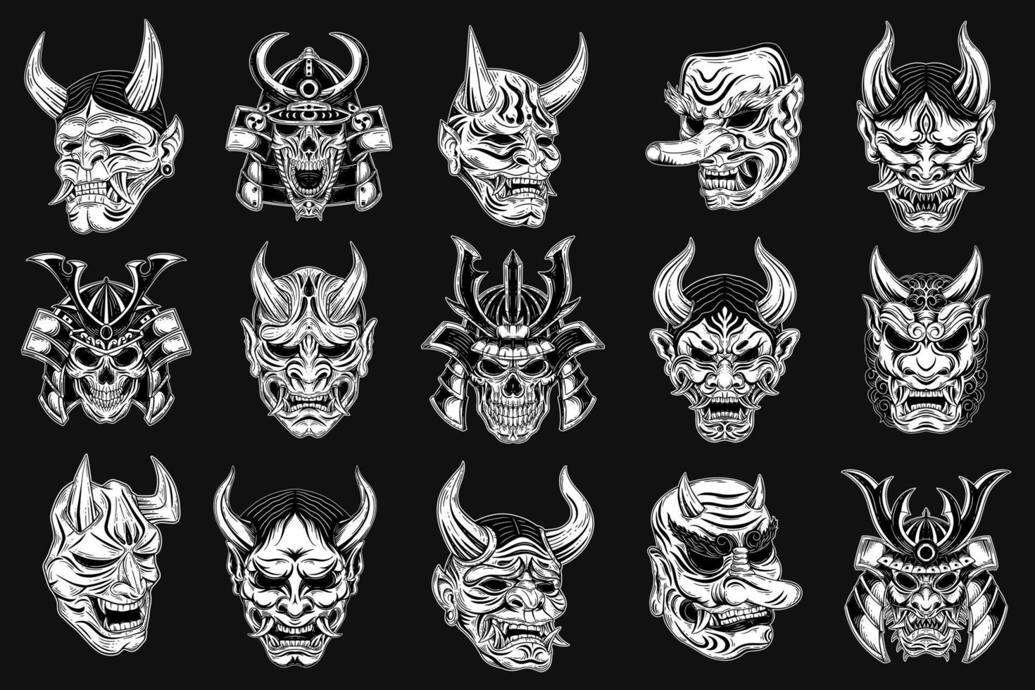 conjunto mega paquete arte oscuro máscara de oni japonés y tatuaje de calavera de guerrero de la muerte estilo de grabado dibujado a mano vector