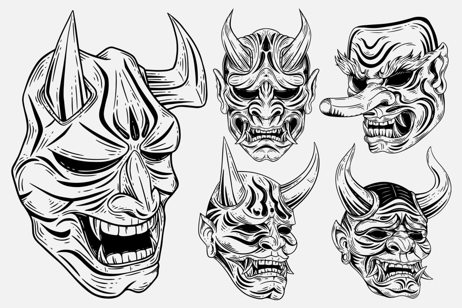 Set Bundle Dark Art Japanese Devil Oni Mask Tattoo Hand Drawn Engraving Style vector