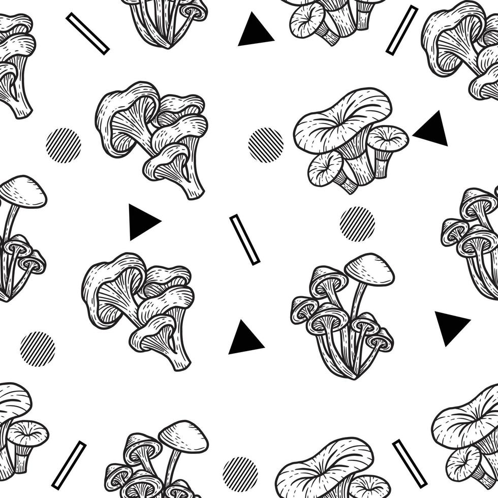 Black and White Set Mushroom Healthy Food Engraved Hand Drawn Random Black Object Outline illustration White. vector