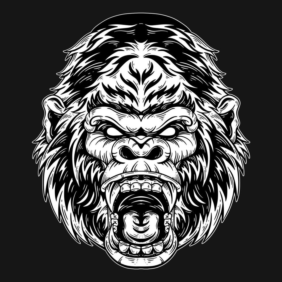 Dark Art King Kong Monkey Ape Head Beast Hand Drawn Hatching Style vector