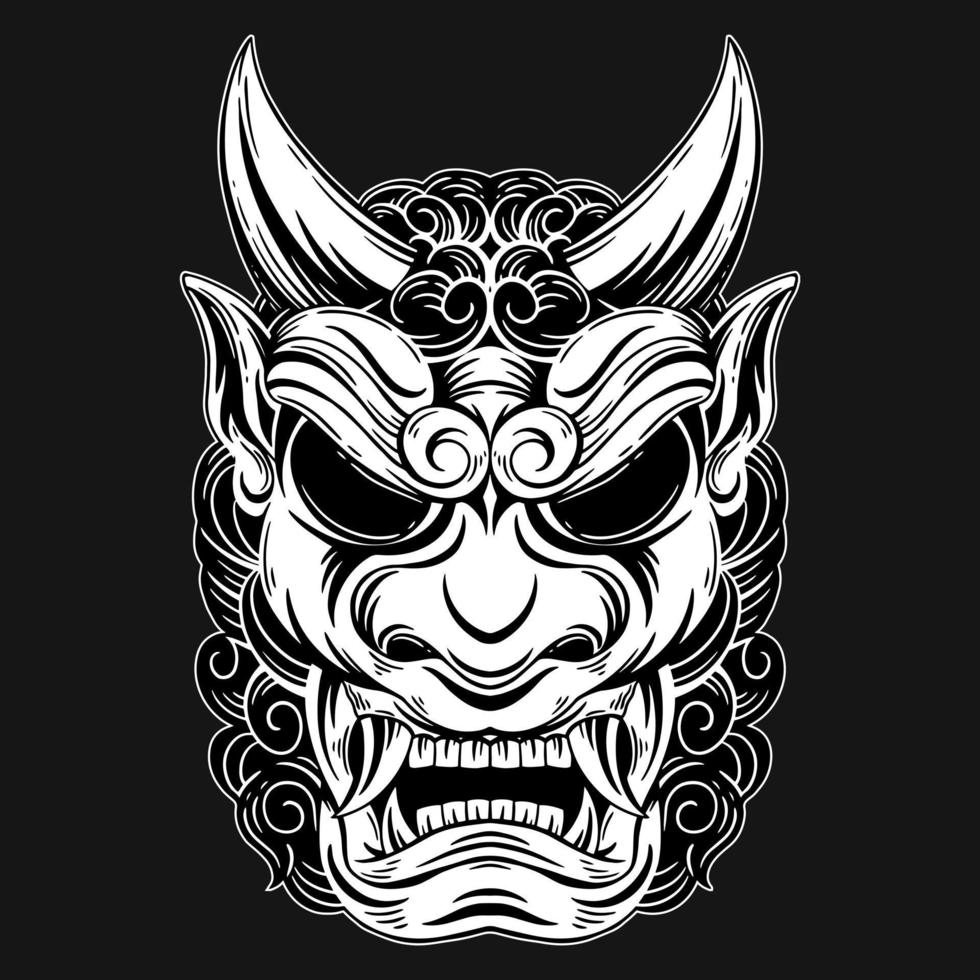 Dark Art Japanese Devil Oni Mask Tattoo Hand Drawn Hatching Style vector