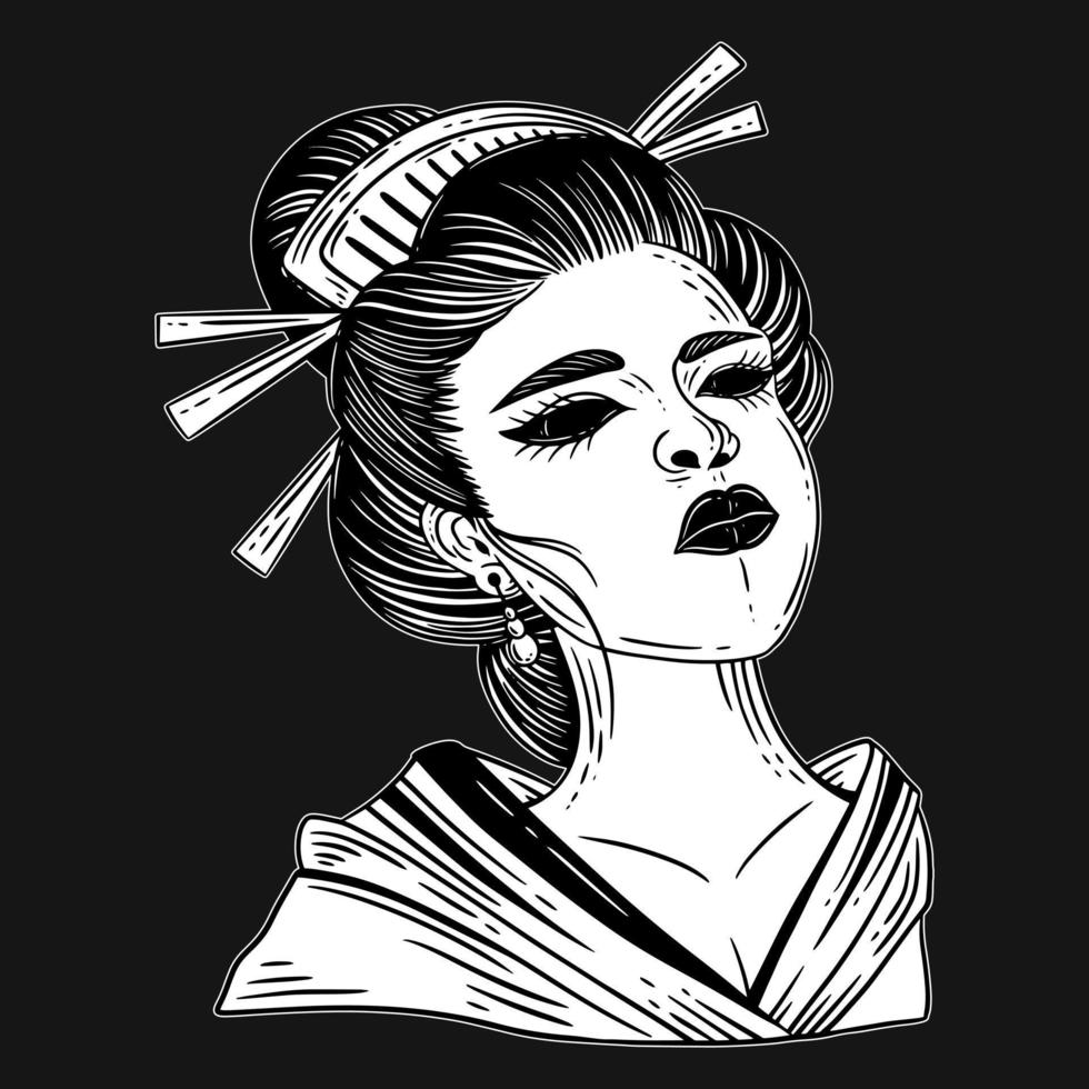 arte oscuro japonés geisha chica tatuaje dibujado a mano estilo de grabado vector