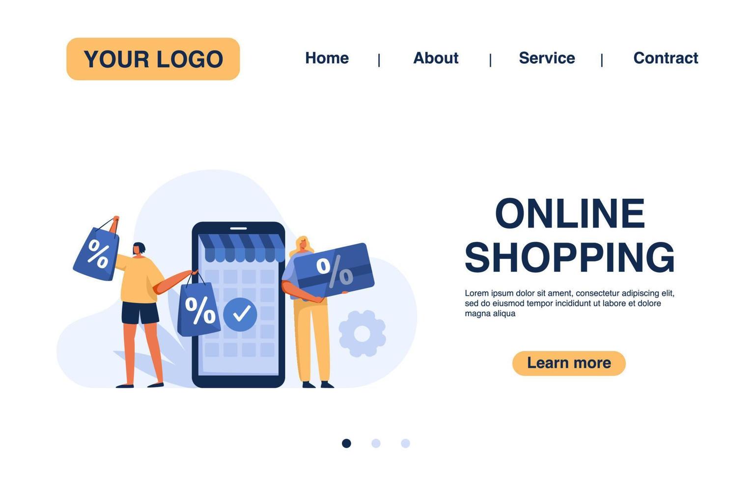 Prinonline shopping landing page. Customer Characters with Buying Goods Using Gadget. flat design web banner. vector template.