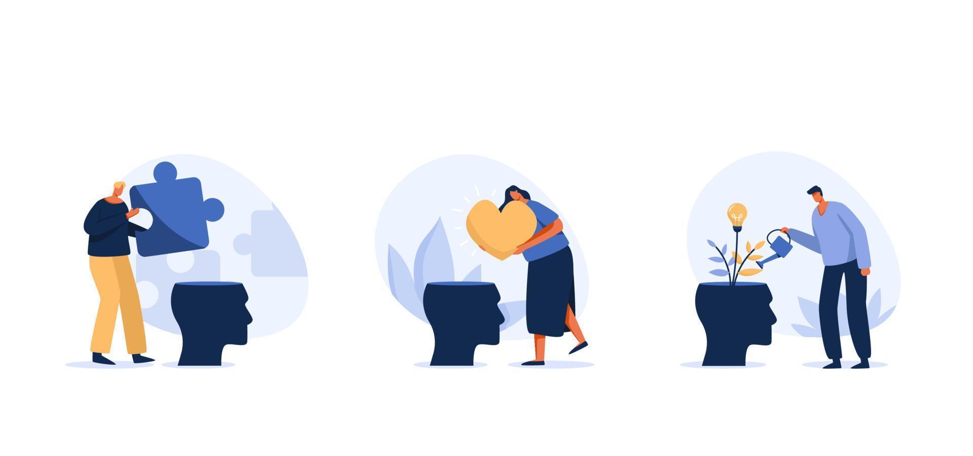 Declutter your mind. Watering plants with Big head human think growth mindset different fixed mindset. Drop the puzzle into the open head. Business Mind Set.  Flat character Illustration vector