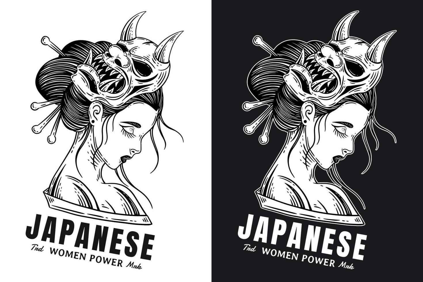 Set Dark Art Women Japanese Geisha Girl Skull Mask Vintage tattoo hand drawn engraving style vector