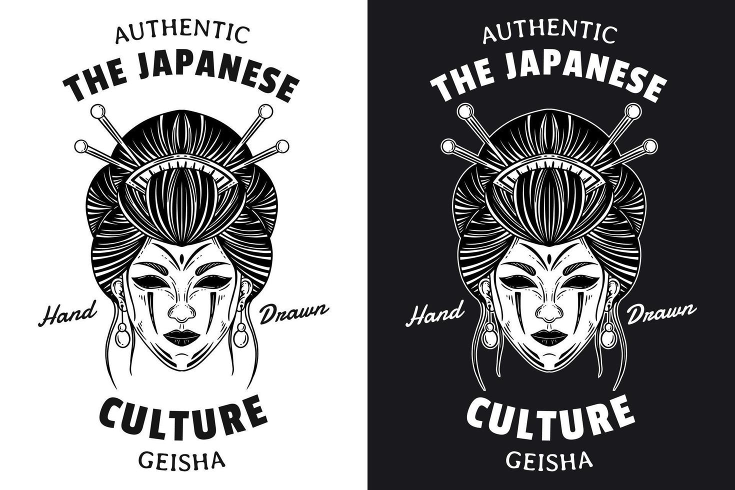 Set Dark Art Women Japanese Geisha Head Skull Mask Vintage tattoo hand drawn engraving style vector