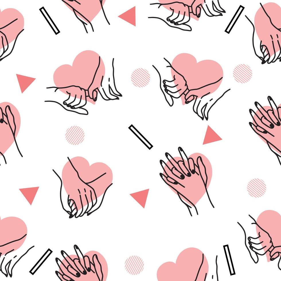 Women Girl Hand Love Gesture with Abstract Black and Pink Object Hearth Flat Line Art Illustration White. vector