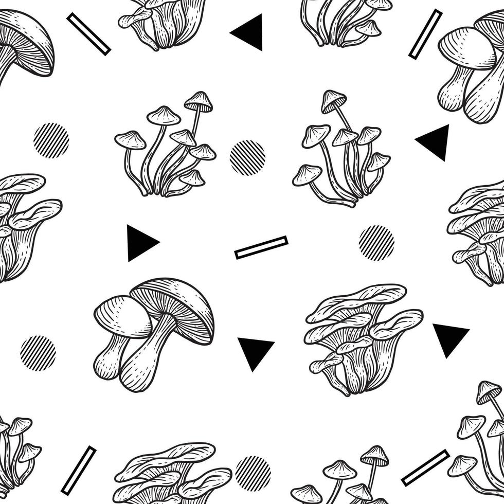 Black and White Set Mushroom Healthy Food Engraved Hand Drawn Random Black Object Outline illustration White. vector