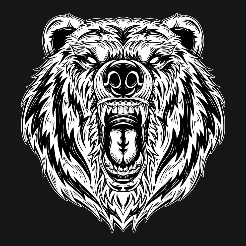 Dark Art Bear Head Beast Hand Drawn Hatching Style vector