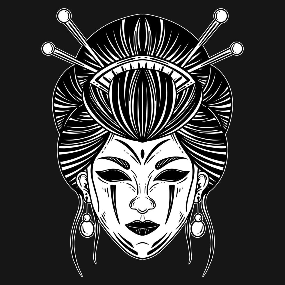 Dark Art Horror Japanese Geisha Girl With Devil Mask Face Tattoo Hand Drawn Engraving Style vector