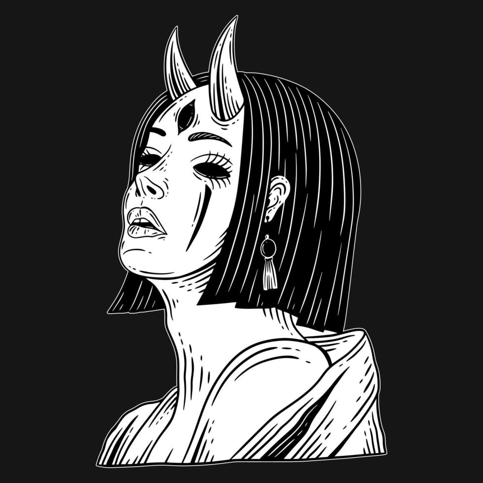 Dark Art Japanese Devil Geisha Girl Tattoo Hand Drawn Engraving Style vector