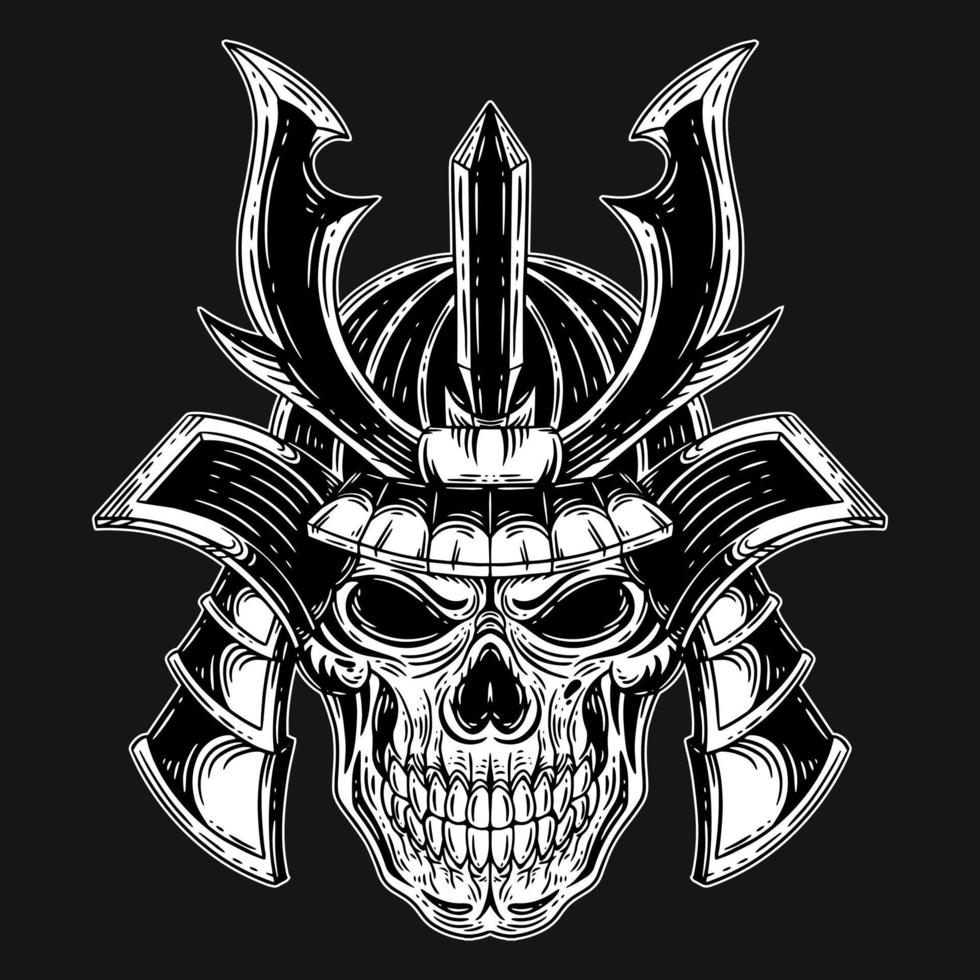 Dark Art Japanese Skull Warrior Oni Mask Tattoo Hand Drawn Engraving Style vector